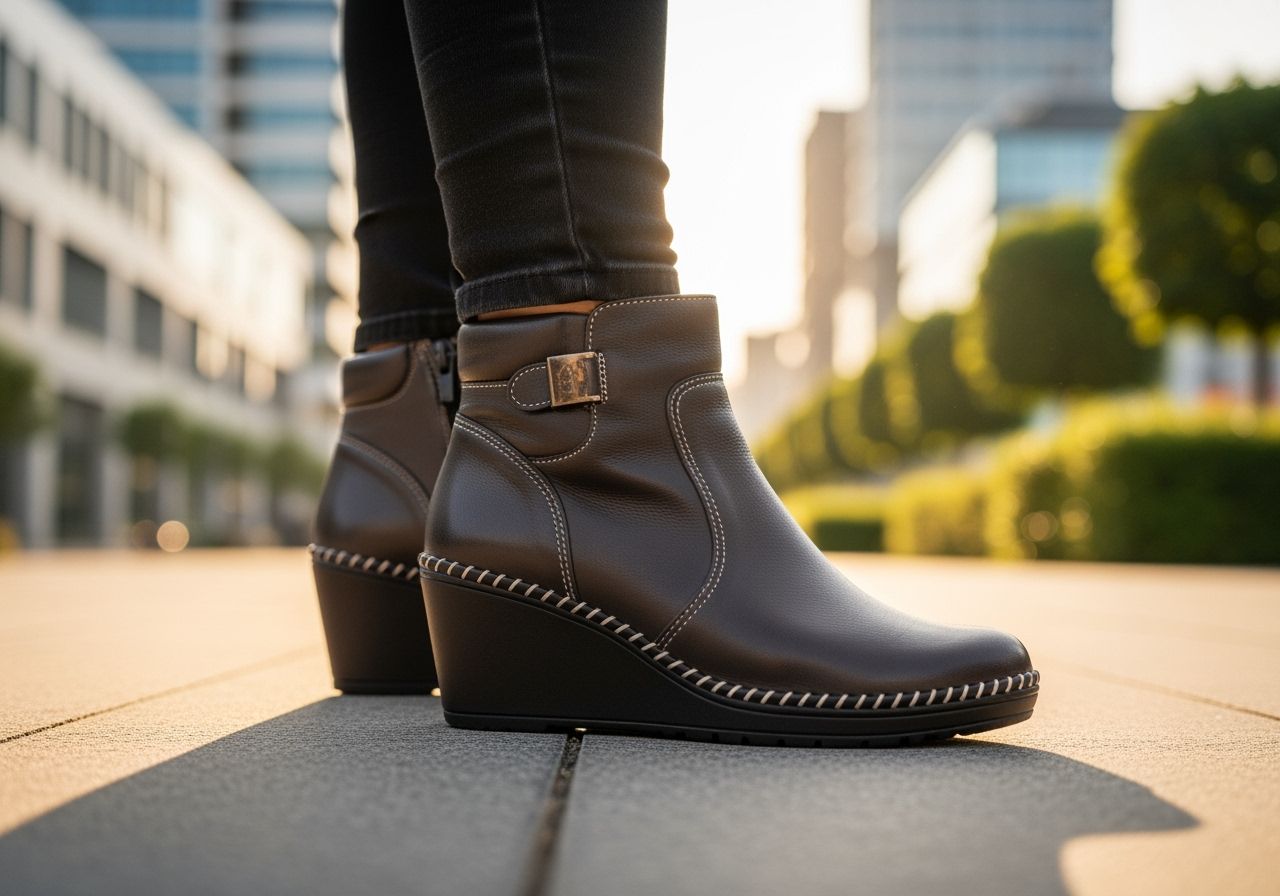 žena v botách chodí po městě během dne