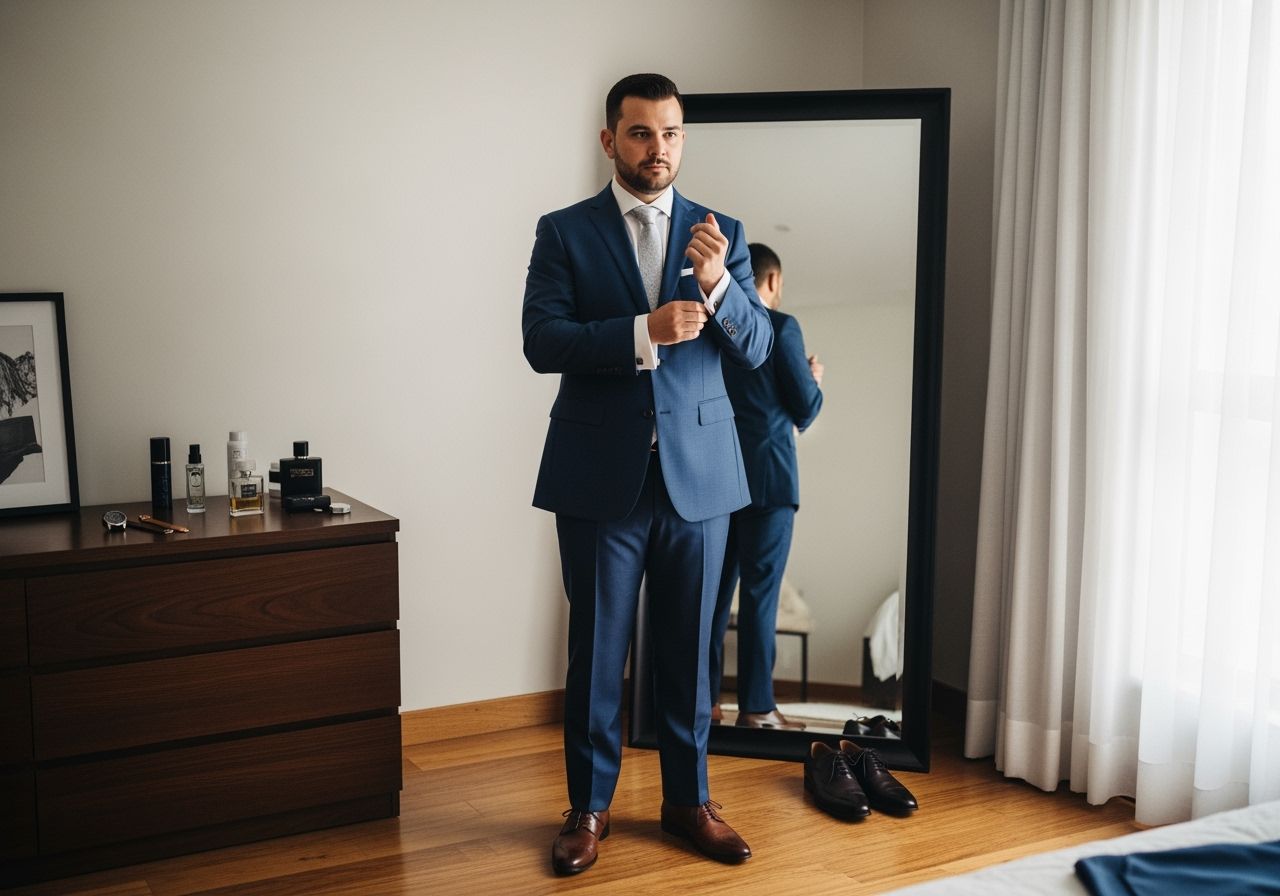 muž se připravuje na svatební den před zrcadlem