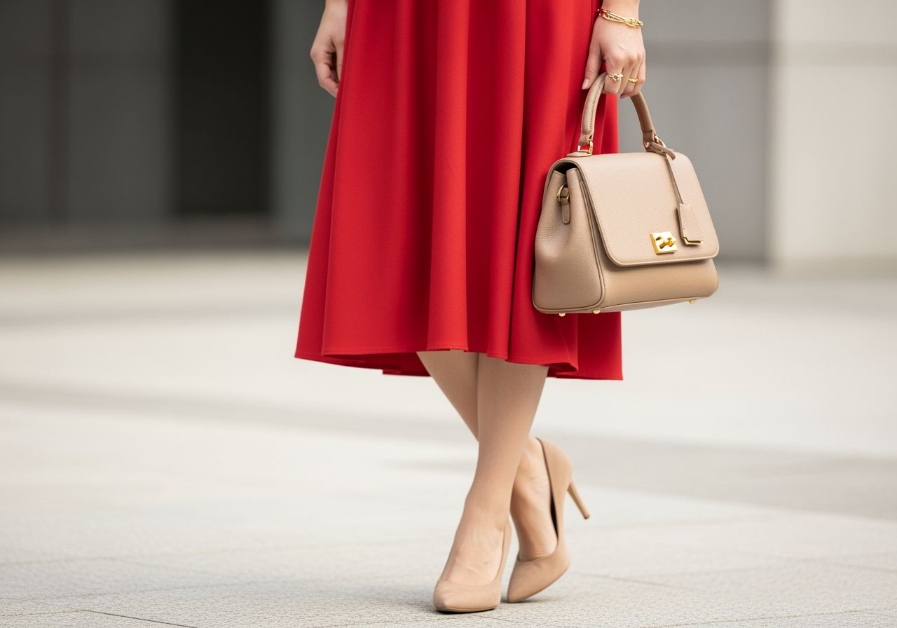 červené šaty s béžovými doplňky na bílém pozadí