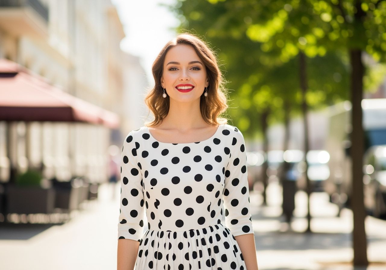 žena v puntíkových šatech kráčí po ulici