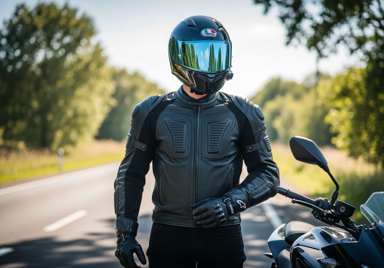 motorkář jede na motocyklu po silnici zařízené krajinou