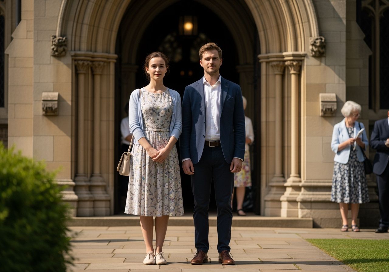 nedělní společnost sedící a stojící u kostela během setkání ve vesnici