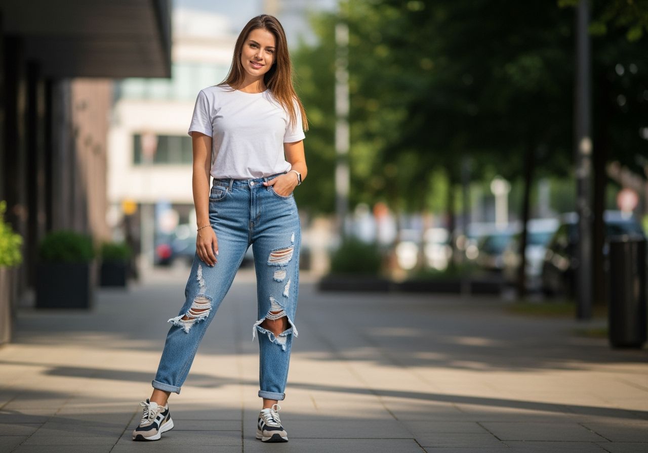 žena v džínách na módní ulici chodí ve městě