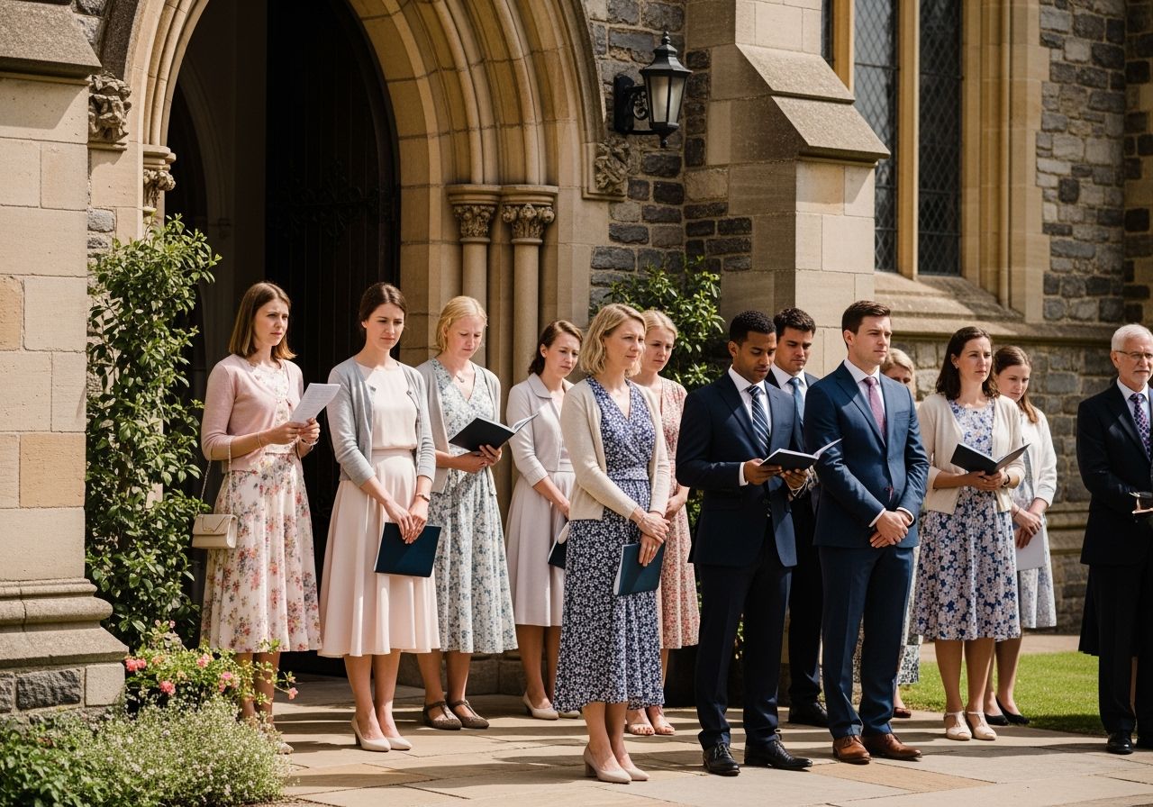 Lidé formálně oblečení stojí před kostelem během společenské události