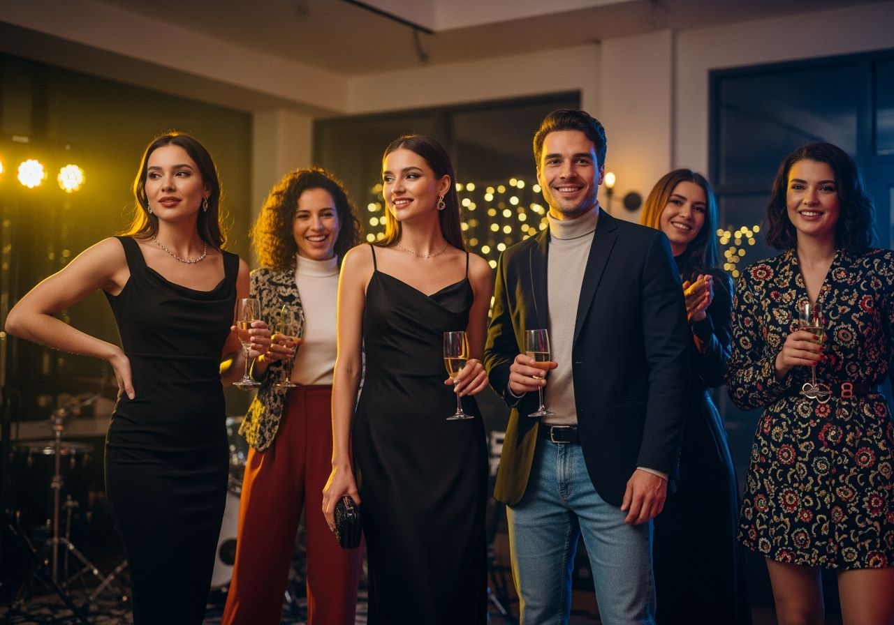 Mladí lidé na večírku v moderním oblečení užívají si zábavu a tančí společně