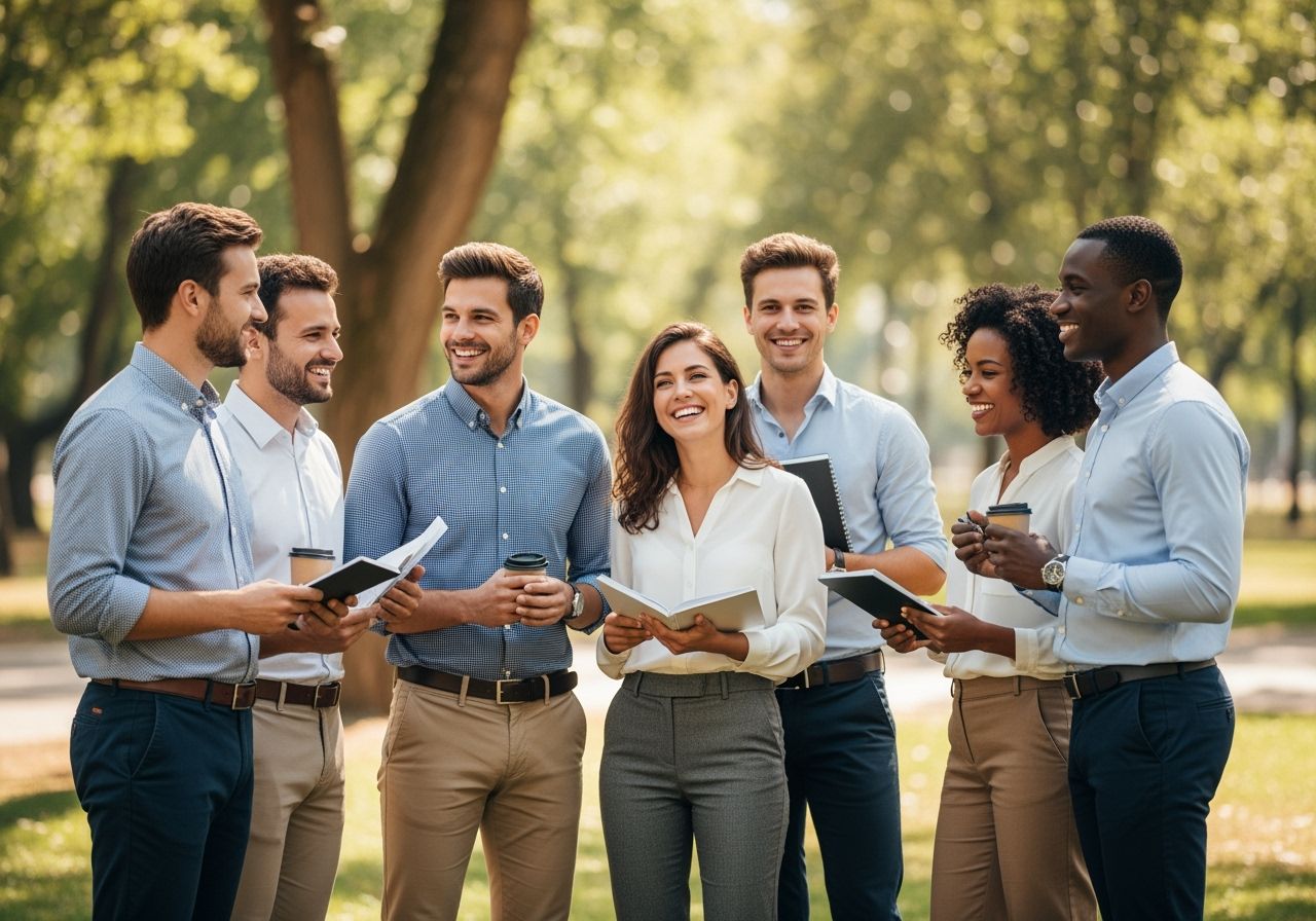 Mladí profesionálové sedí na lavičce v parku a diskutují nad dokumenty.