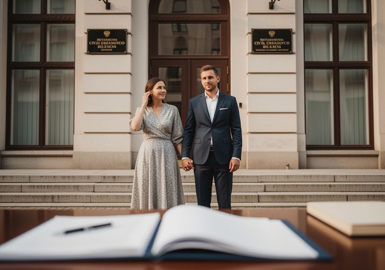 registrovní úřad s párem při svatebním slibu držícím ruce