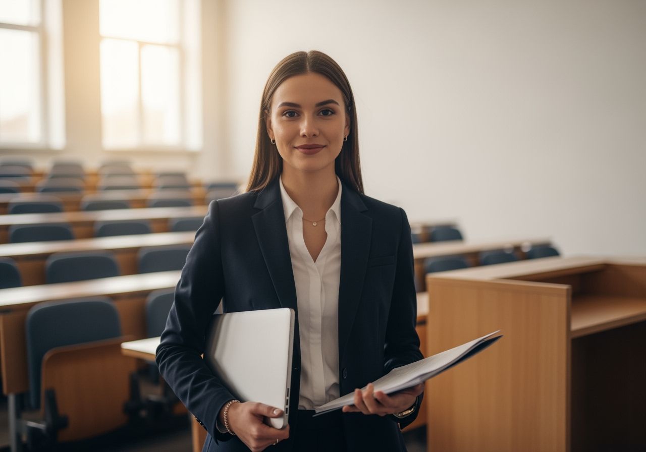 mladá profesorka přednáší v přednáškovém sále před studenty