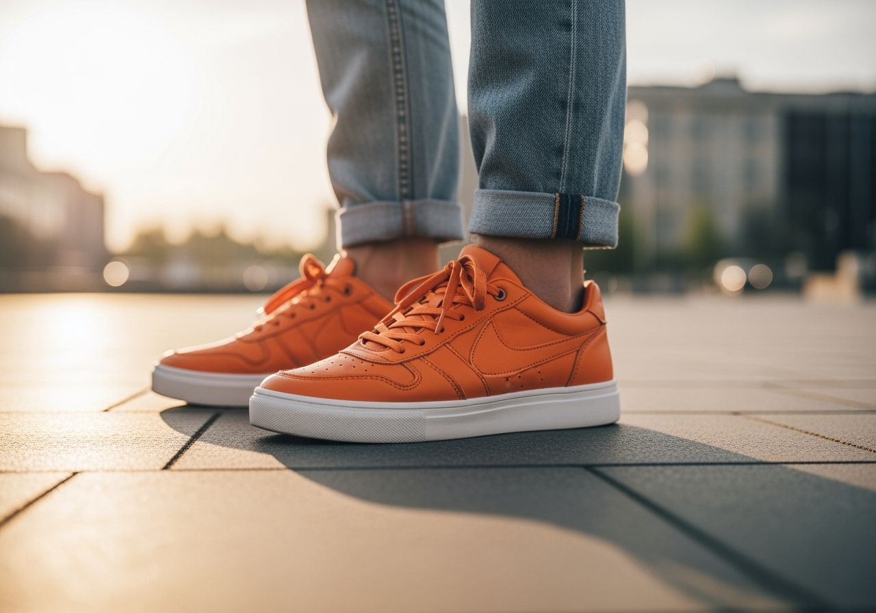 jasně oranžový tenisek na městském chodníku s rozostřenými budovami v pozadí