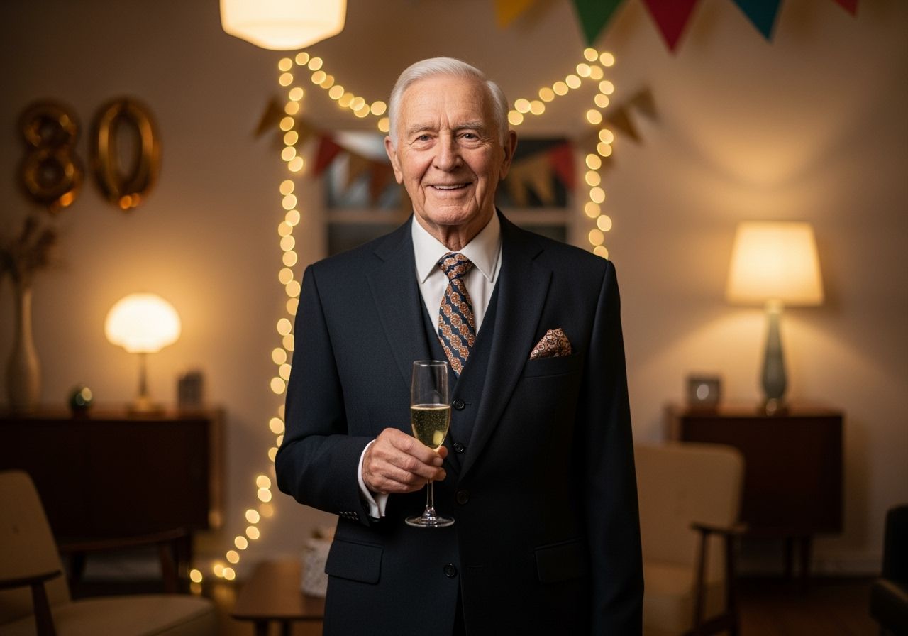 oslavenec v vintage obleku stojí před neutrálním pozadím