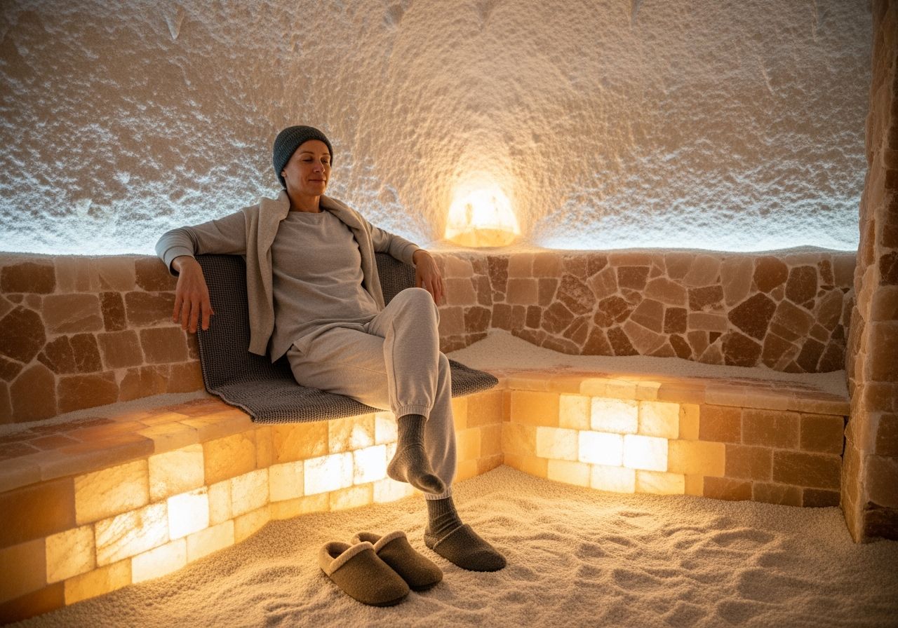 Relaxační sůl v jeskyni pro terapeutické využití a uklidňující atmosféru.