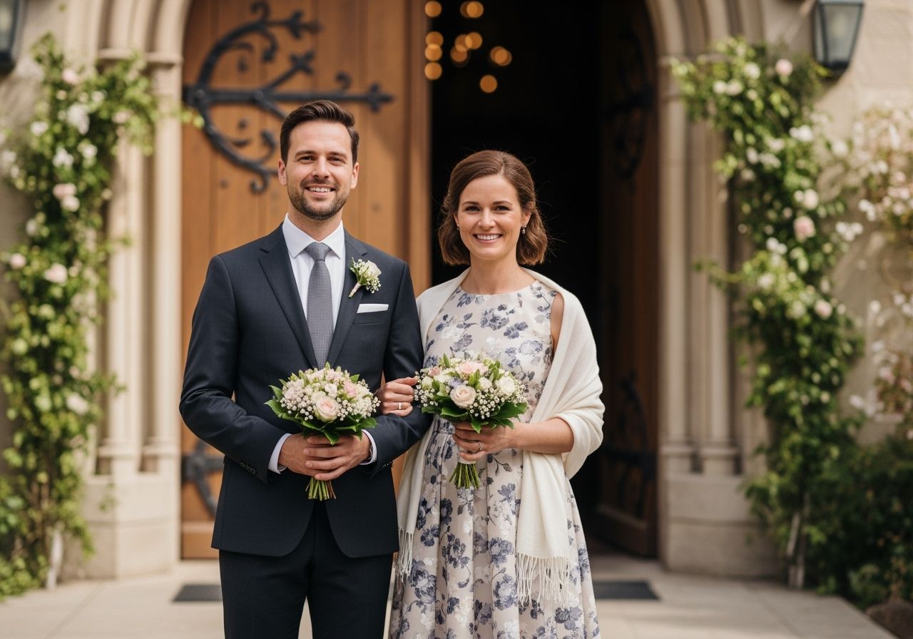 Pár kmotrů před evropským kostelem drží květiny během křtu na jaře za slunečného dne