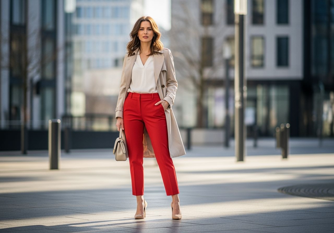 Žena v červených kalhotách a béžovém kabátu v městském prostředí za denního světla.
