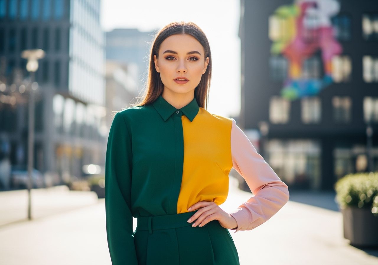 Stylová žena v městském prostředí v barevném outfitu, výrazné oči, moderní budovy v pozadí