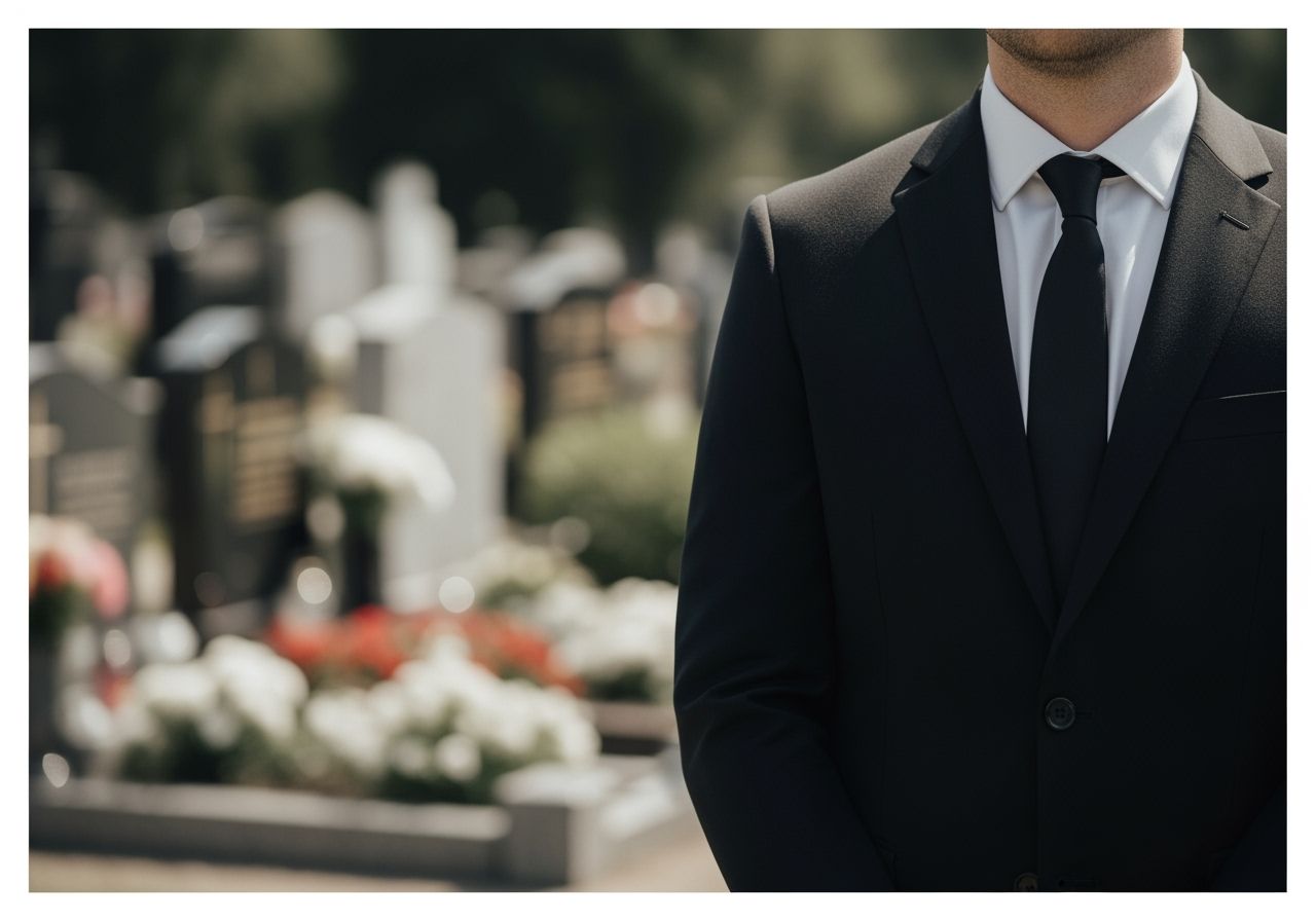 Muž v černém obleku stojí u hřbitova s náhrobky a květinami v pozadí ve dne.