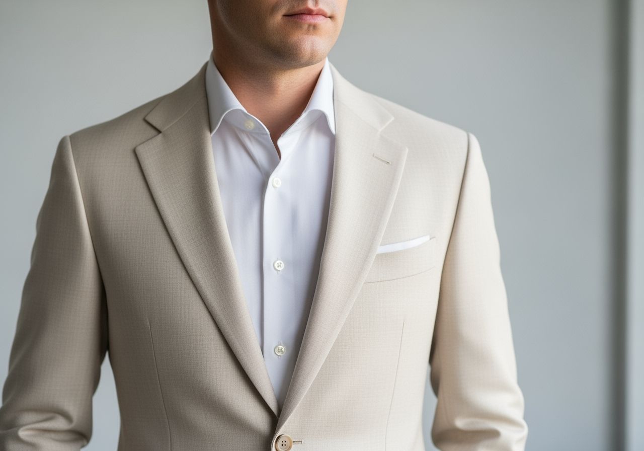 Muž v béžovém obleku a bílé košili v moderním studiu s šedým pozadím, profesionální portrét