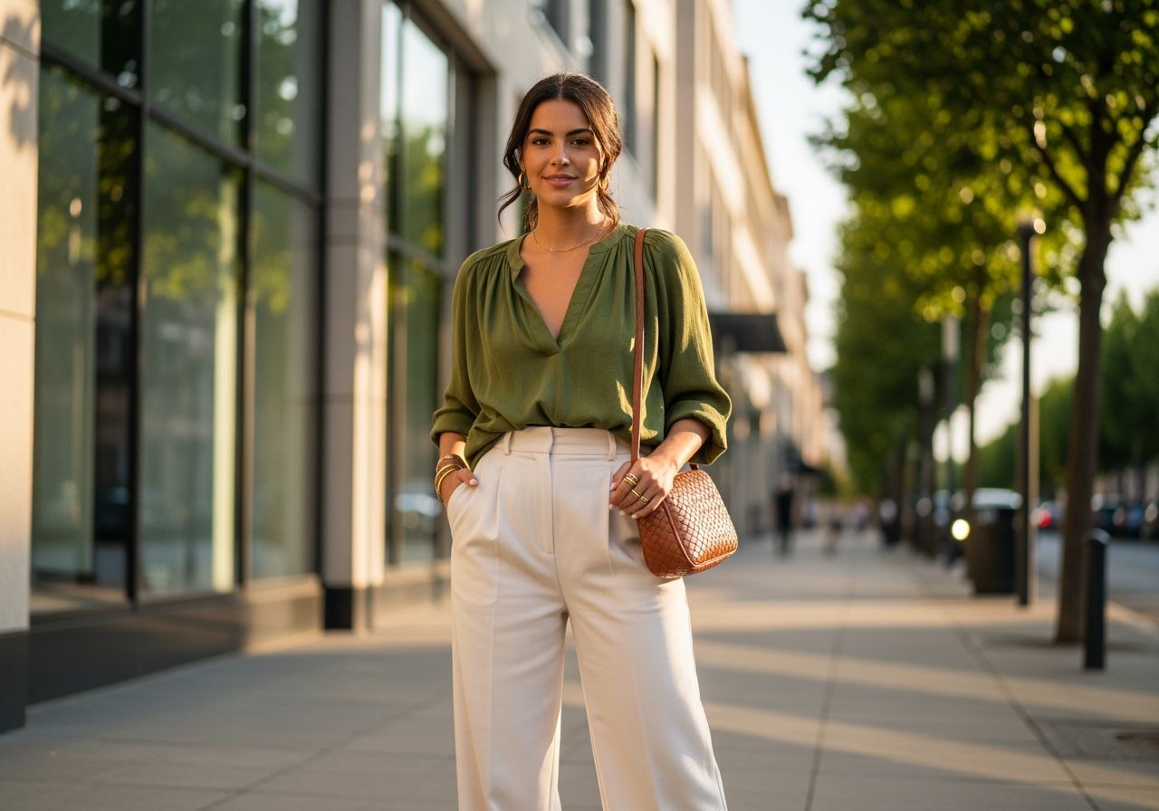 Mladá žena v širokých kalhotách a blůze stojí na městské ulici s moderní architekturou.