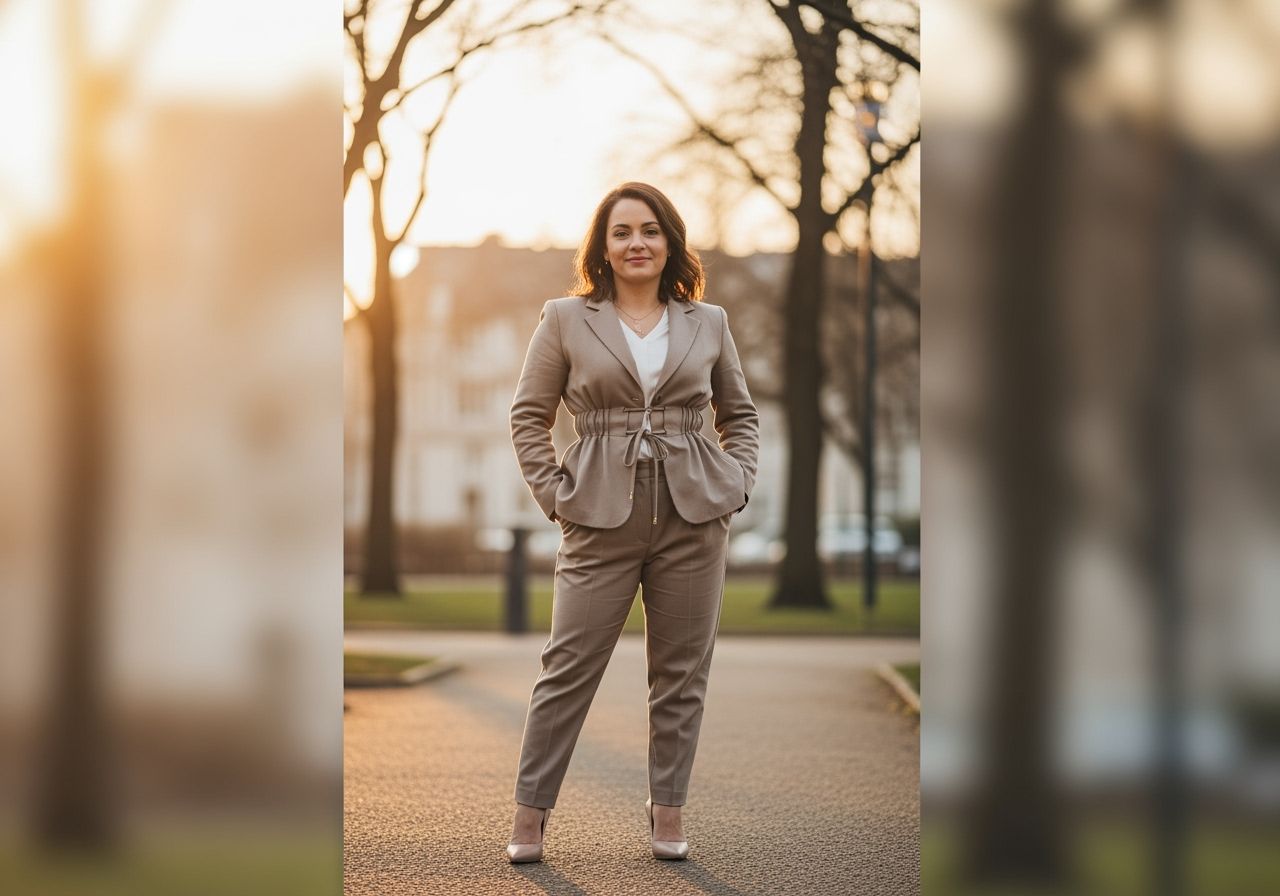 Žena v elegantním oblečení stojí venku za zlaté hodiny s úsměvem v parku s měkkým světlem.