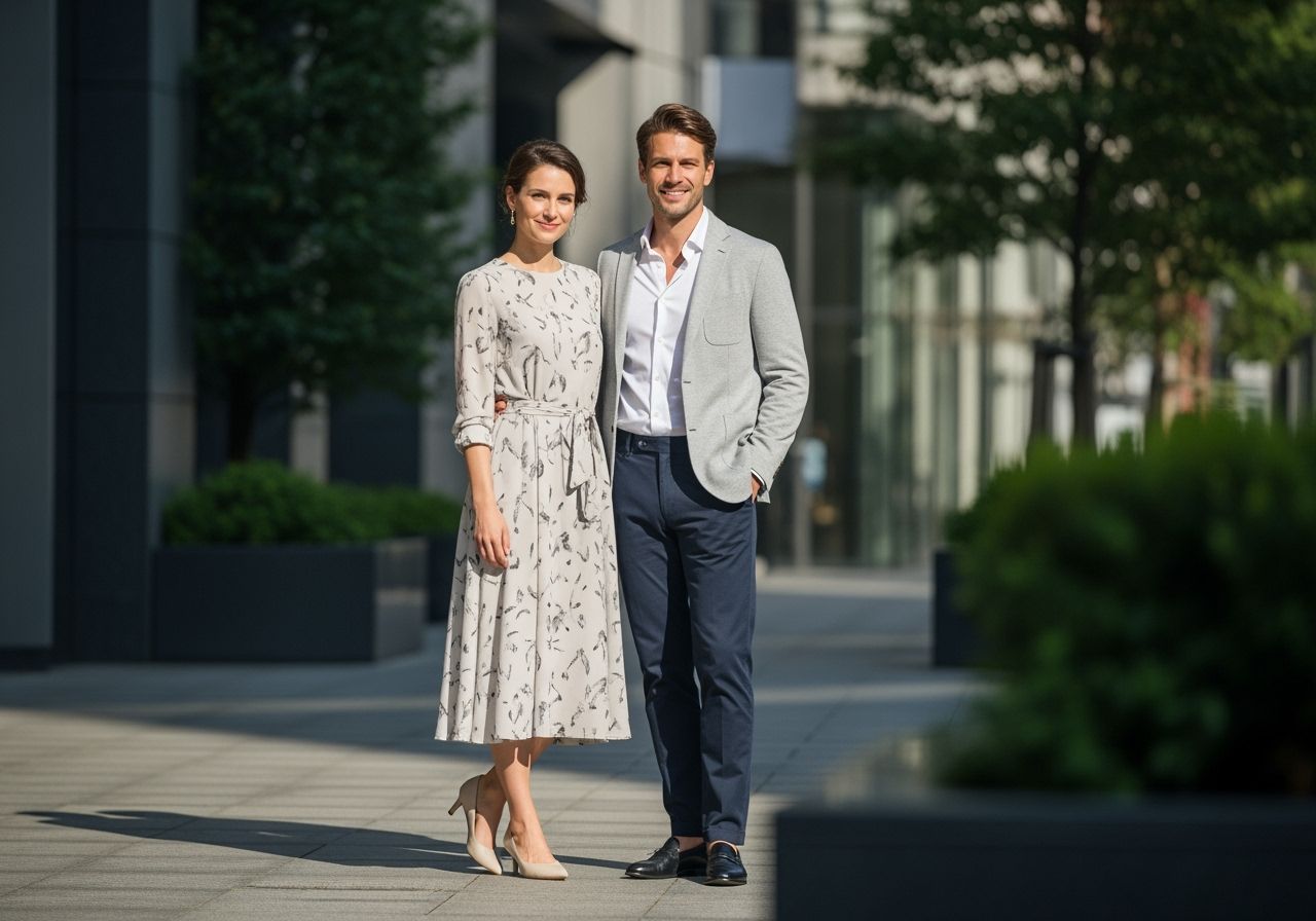 Stylový pár ve městě za denního světla, žena v šatech, muž v casual oblečení, pozadí s městskou zelení.