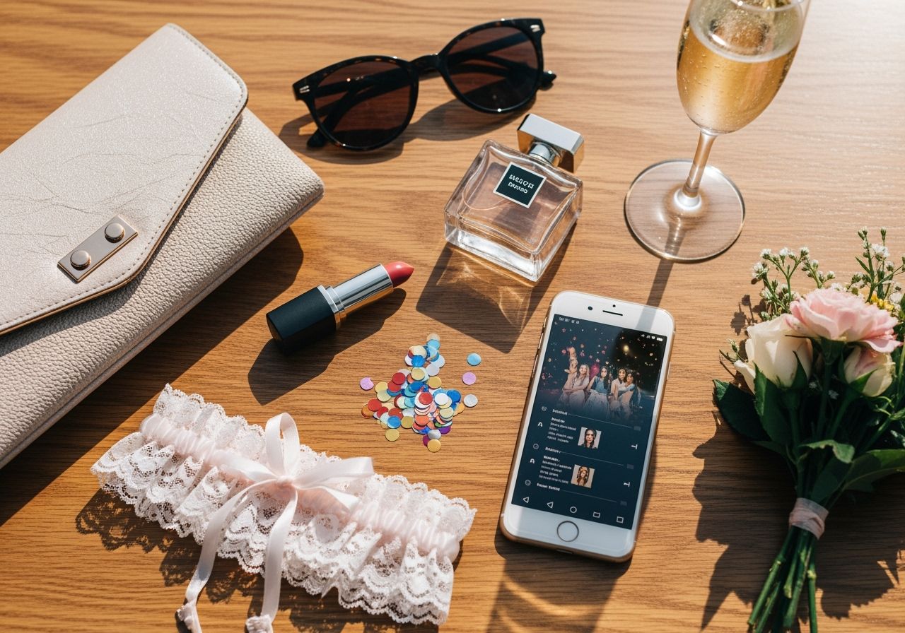 Přehled položek na stůl pro rozlučku se svobodou včetně kabelky, parfému, rtěnky a šampaňského