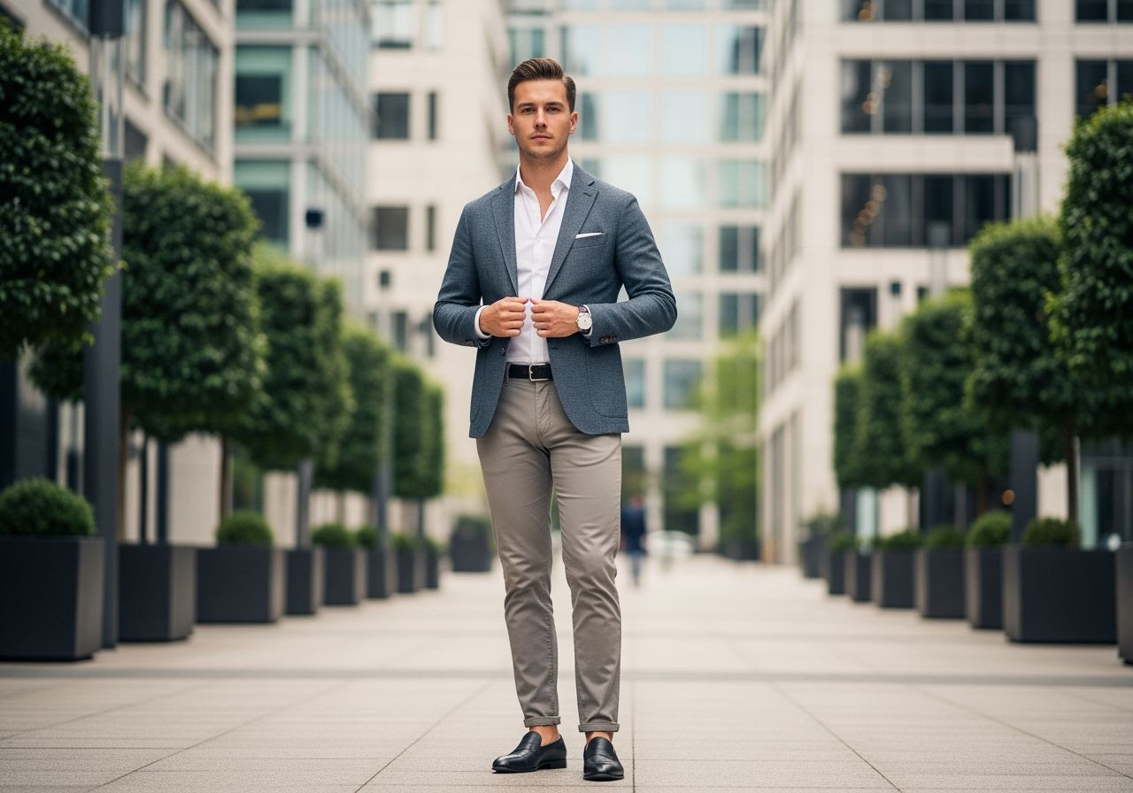 Mladý profesionál v smart casual oblečení stojí před moderními kancelářskými budovami ve městě.