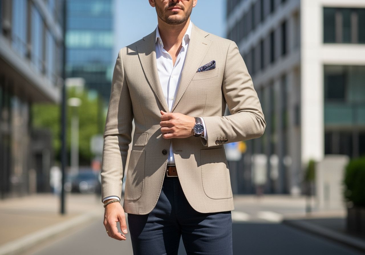 Muž v béžovém saku, bílé košili a tmavých kalhotách stojí na městské ulici za denního světla