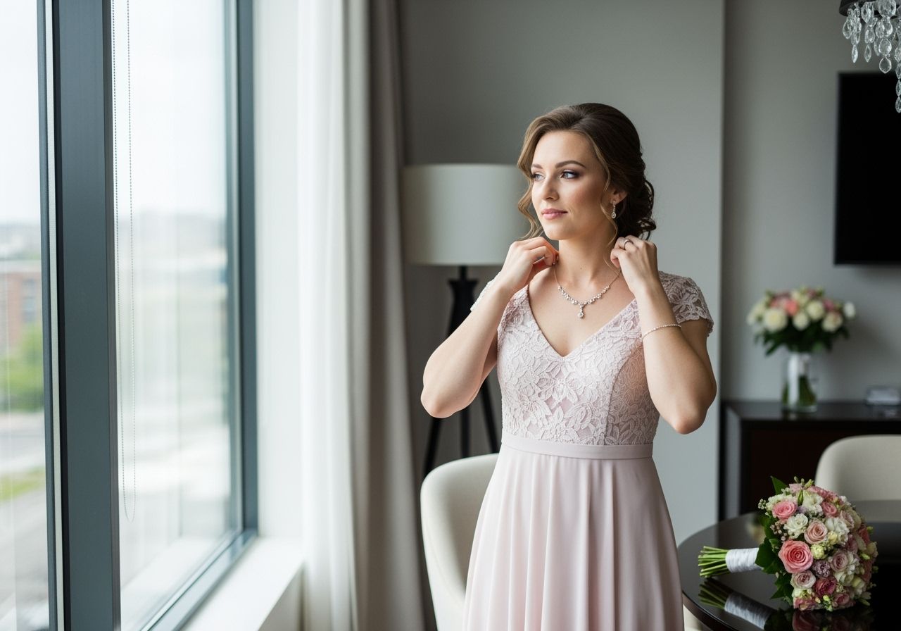 Družička u okna upravuje náhrdelník, v pastelových šatech, klidná atmosféra před svatbou.