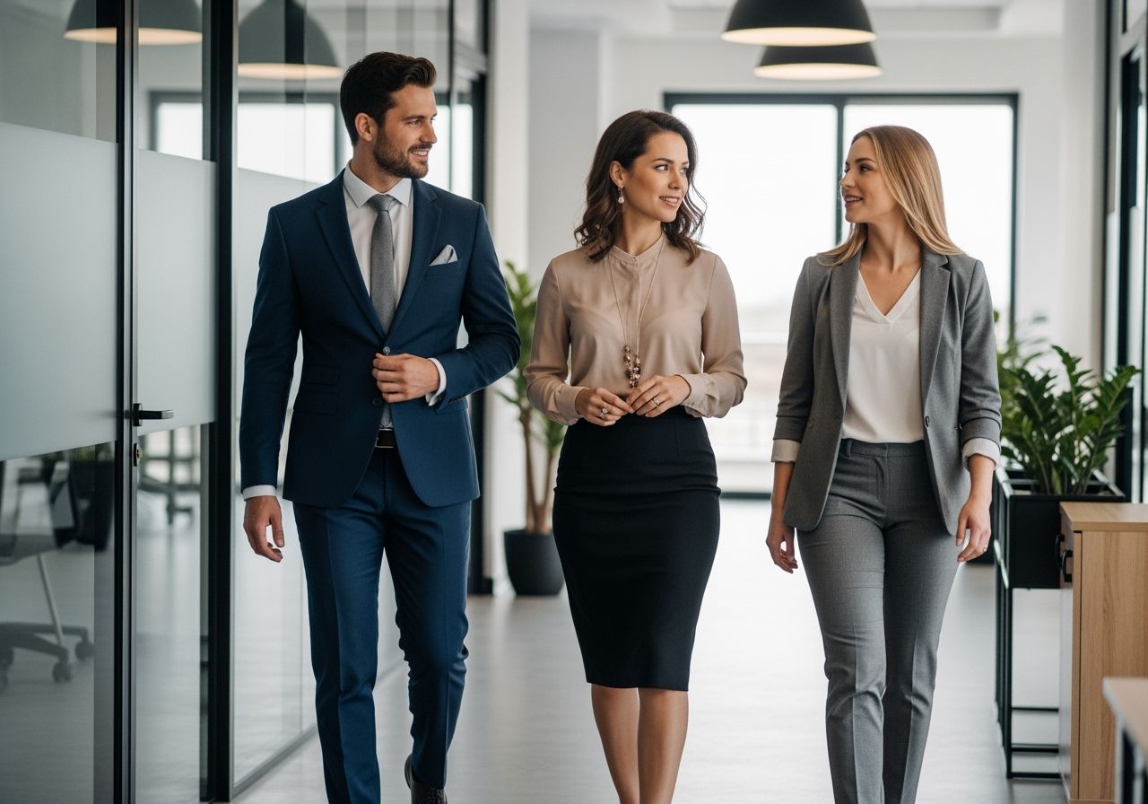 Tři profesionálové kráčejí kancelářskou chodbou s prosklenými dveřmi a rostlinami v přirozeném světle