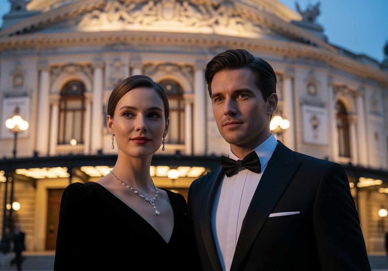 Elegantly oblečený pár před operou za soumraku s jemným osvětlením a přirozenými texturami.