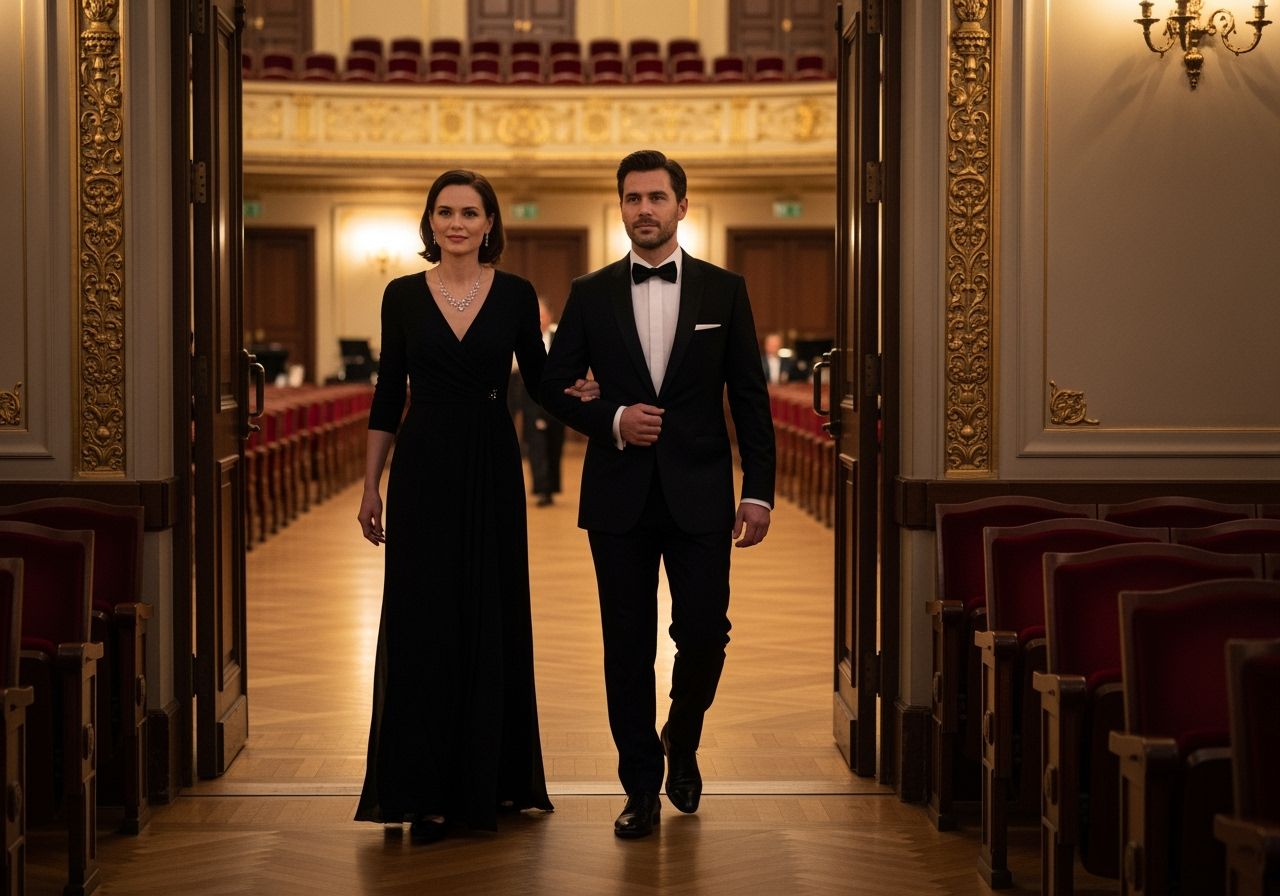 Elegantní pár vstupující do koncertní síně na večerní symfonický koncert s červenými sedačkami a dřevěnou podlahou