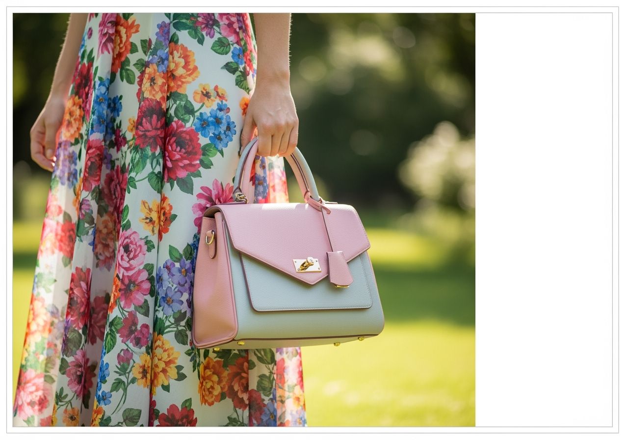 Žena v květovaných šatech drží kabelku v zahradě, detaily tkanin a světlo jsou zvýrazněné.