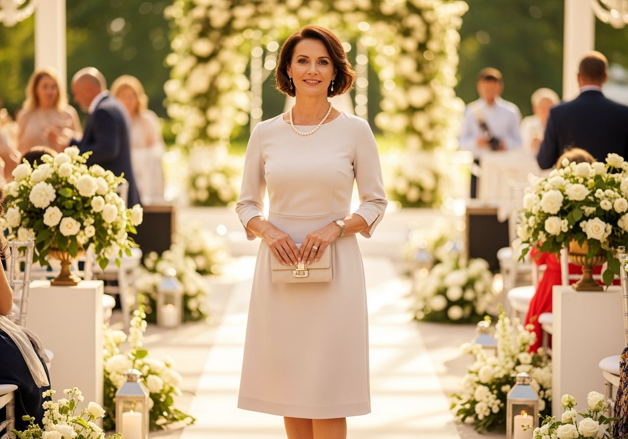 Elegantní žena ve čtyřicítce na venkovní svatbě v pastelových šatech, obklopena květinami a hosty.