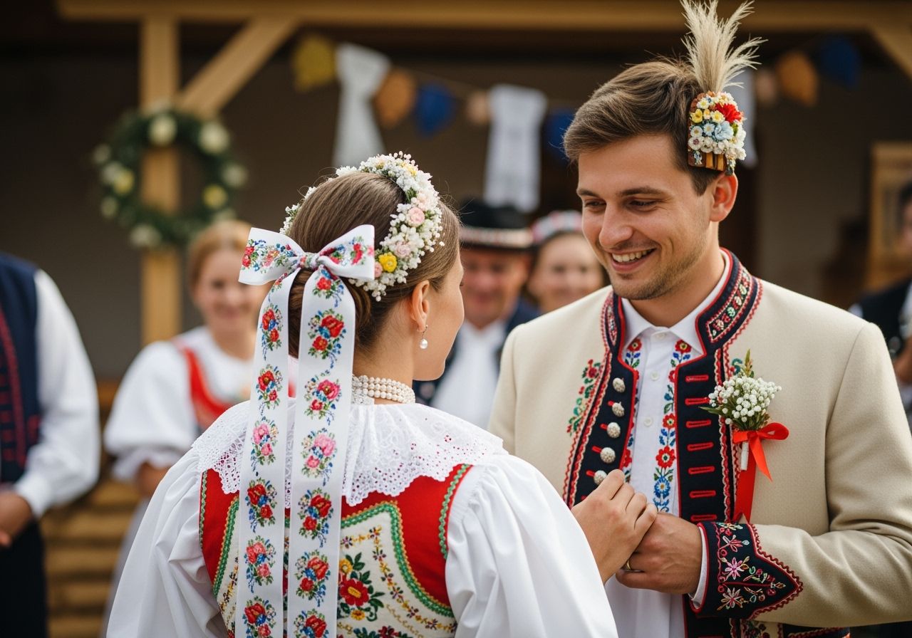 Nevěsta a ženich v tradičním českém kroji při venkovní slavnosti s vyšívanými krojovými prvky