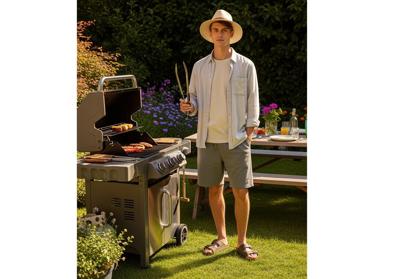 Mladý muž u moderního grilu v zahradě, oblečený do letního oblečení, drží grilovací kleště.