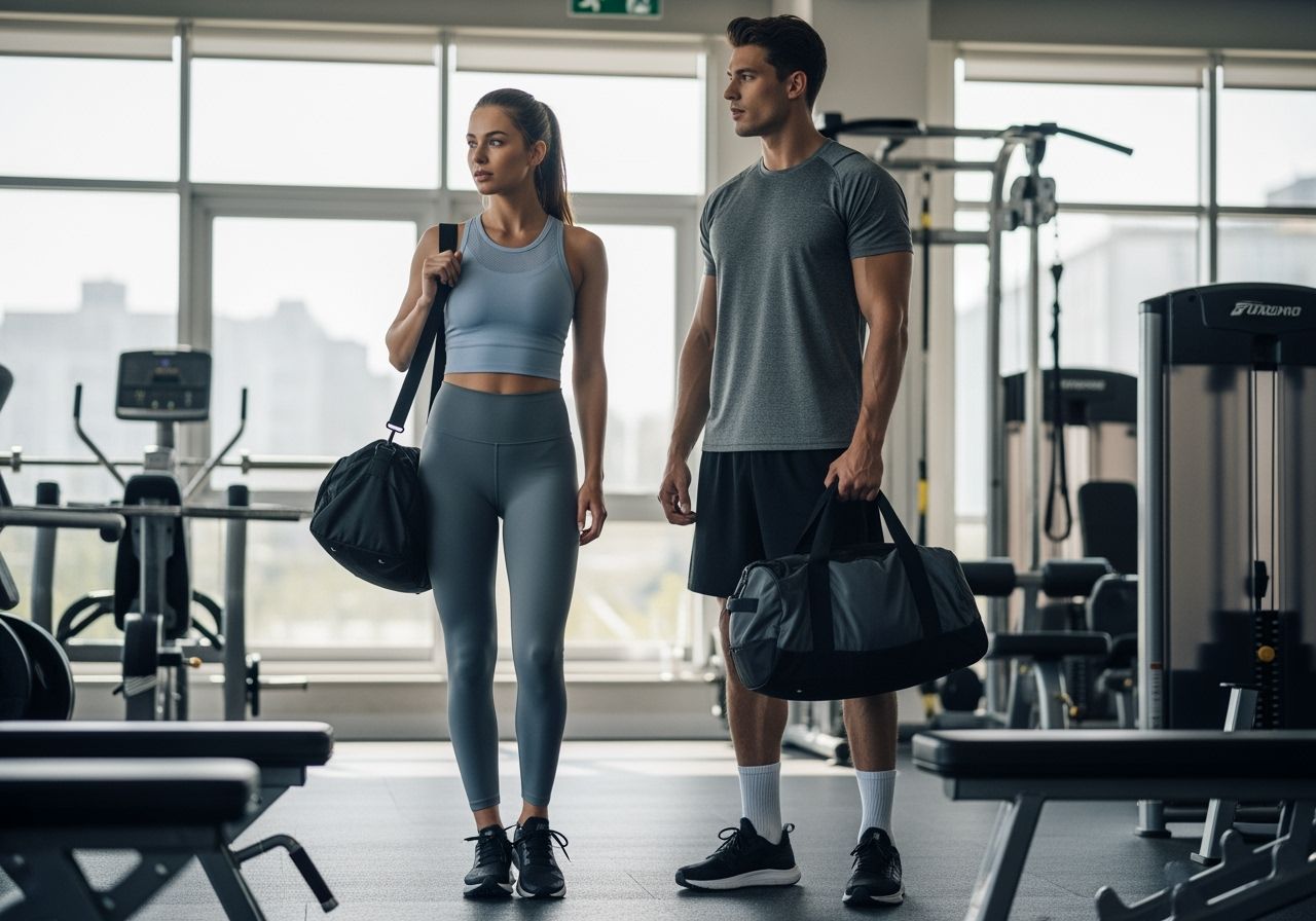 Mladý muž a žena připravují se na cvičení v moderní posilovně s gym taškami u vybavení.