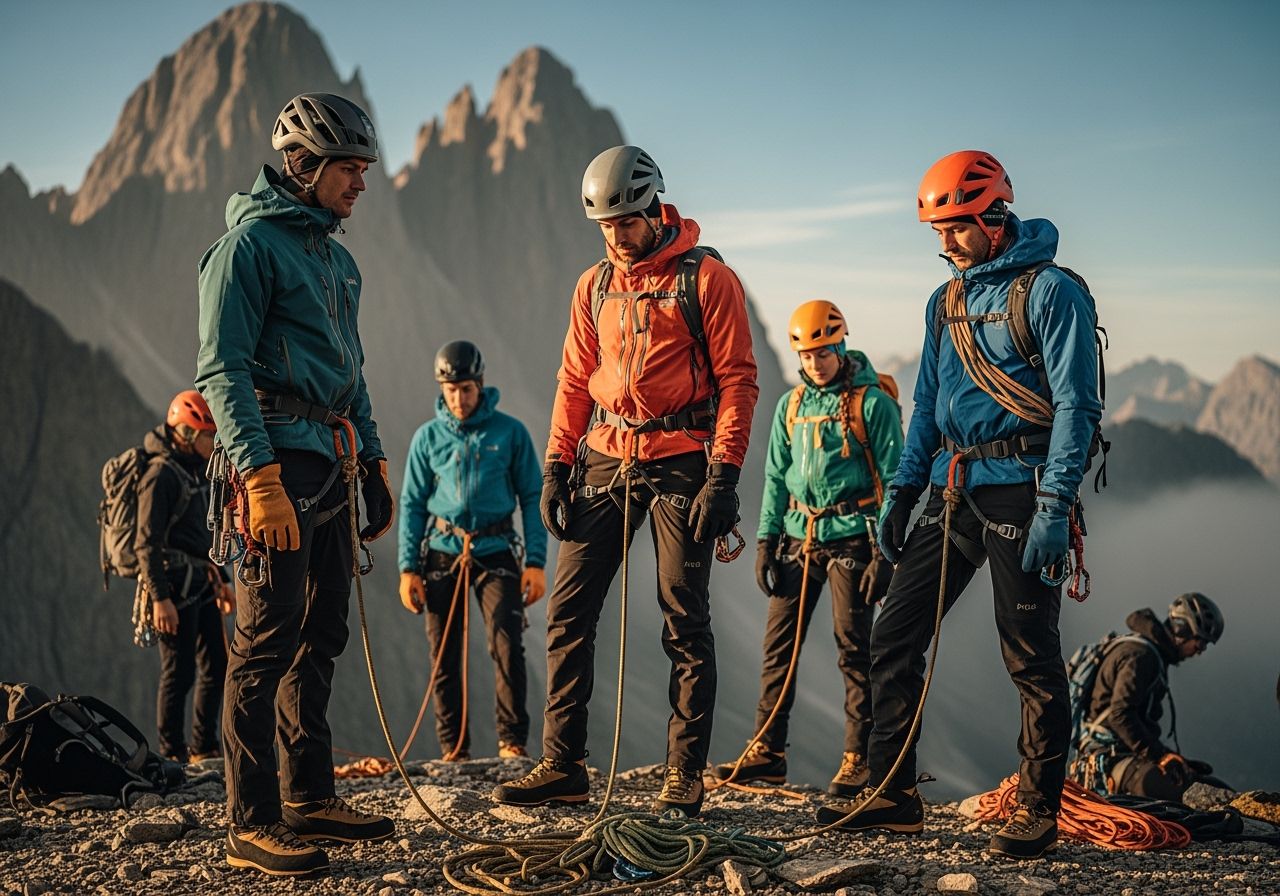 Skupina horolezců připravených na výstup, oblečení do hor, vybavení, horské vrcholy za svítání.