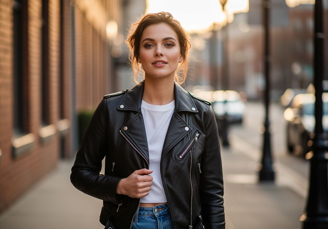 Mladá žena v černé kožené bundě stojí na městské ulici za zlaté hodiny s přirozeným výrazem.