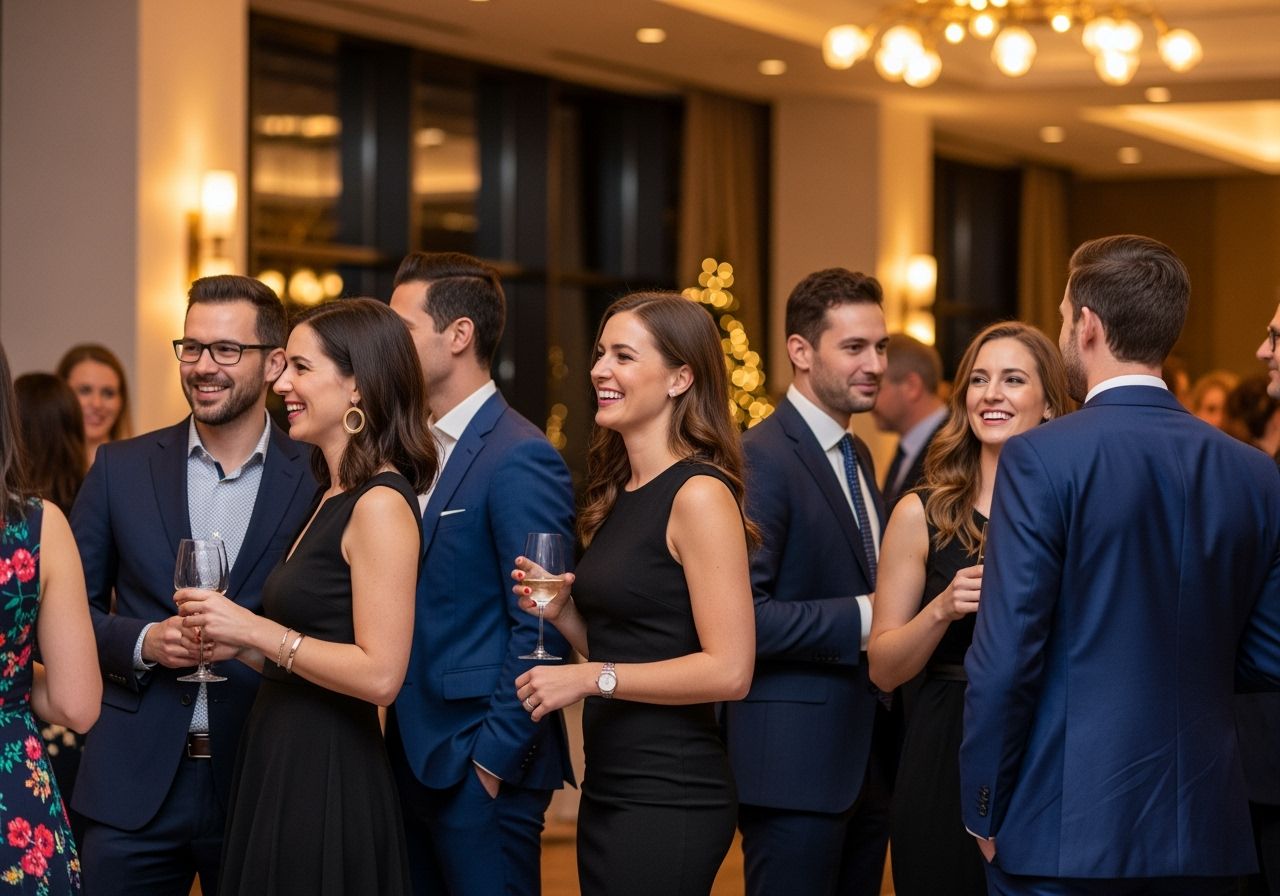 Skupina profesionálů na firemní večírku v elegantním prostředí, usmívají se a komunikují.