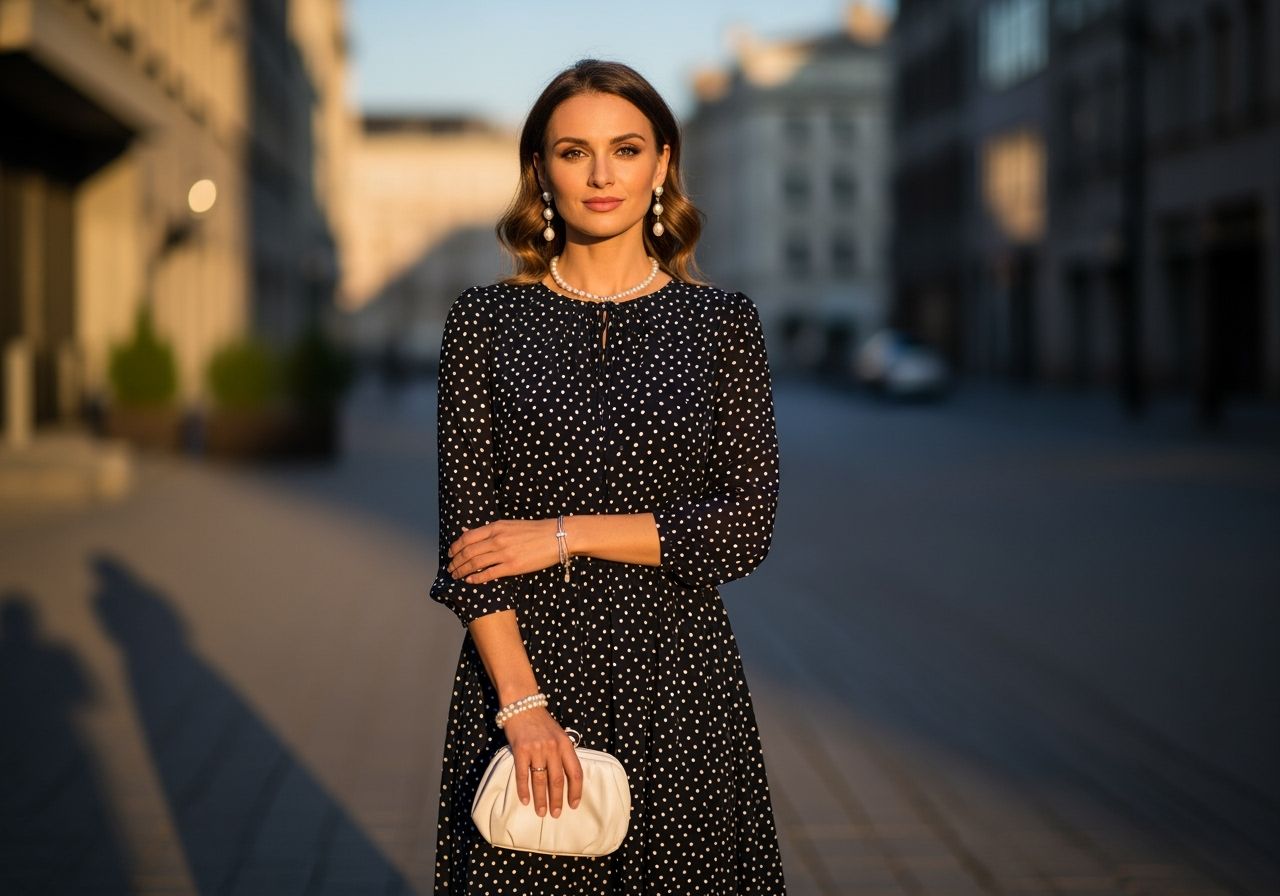 Žena v tmavě modrých šatech s bílými puntíky stojí ve městě za zlaté hodiny.