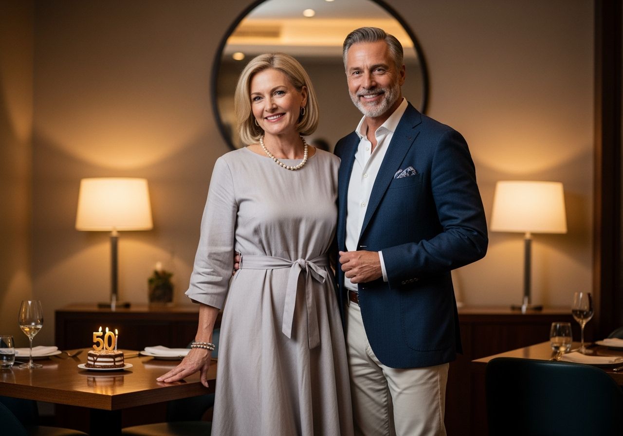 Středněvěcí pár slaví 50. narozeniny v restauraci u stolu s dortem a vínem.