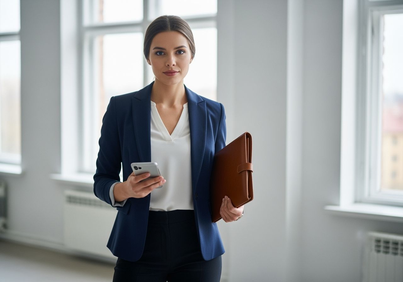 Mladá profesionálka stojí v moderní kanceláři s portfoliem a telefonem, přirozené světlo z oken