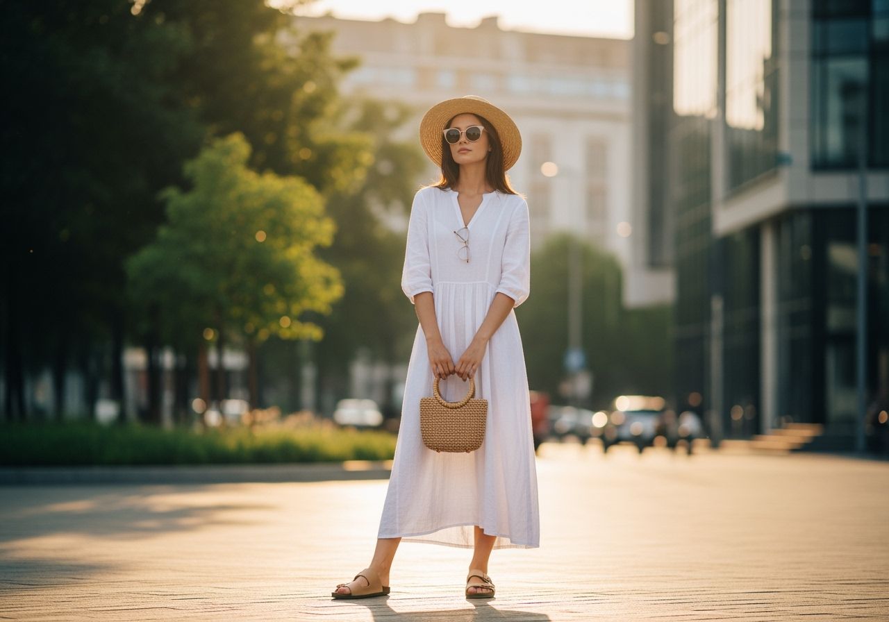 Žena v letních šatech s kloboukem a kabelkou stojí na slunečné ulici ve městě.