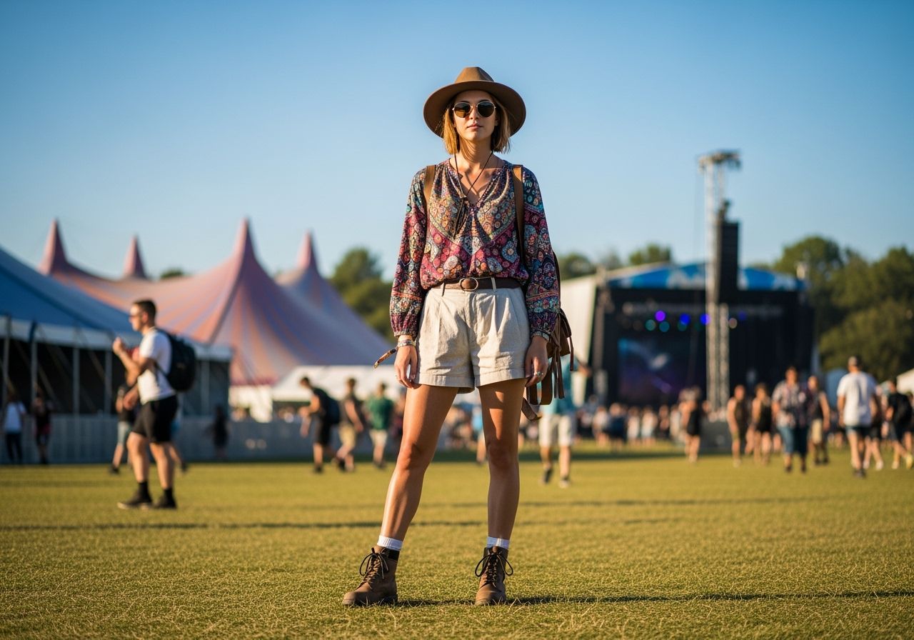 Mladá žena na hudebním festivalu v letním oblečení, s kloboukem a batohem na louce za slunečného dne