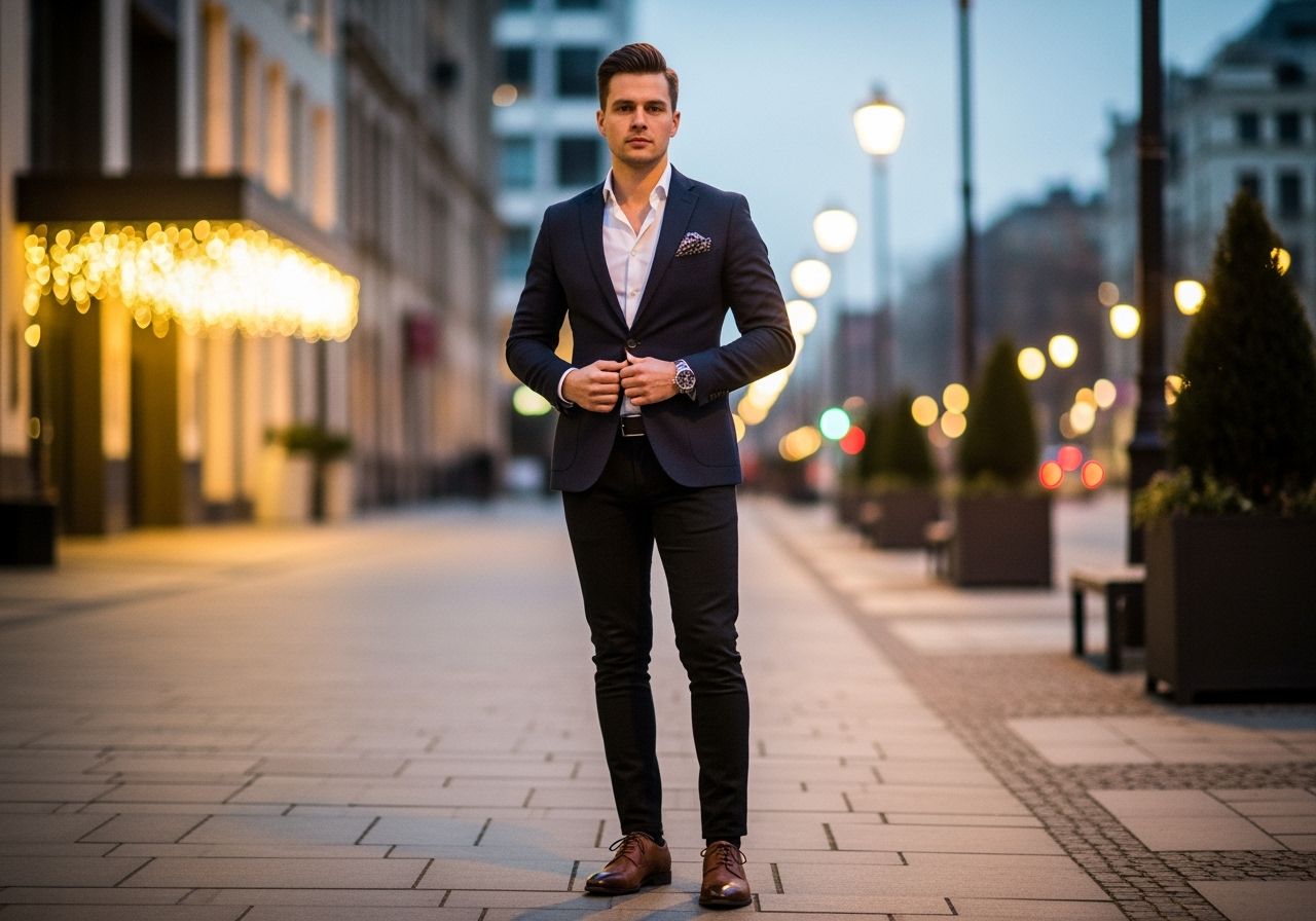Mladý muž v tmavém saku stojí ve městě při soumraku s hodinkami a kapesníčkem, připraven na Silvestr