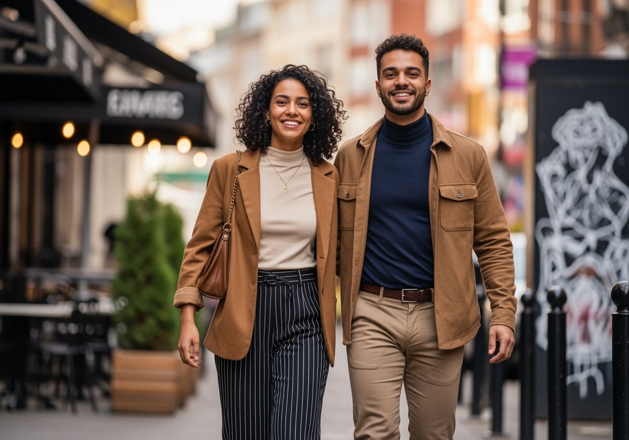 Dva přátelé kráčejí vedle sebe městskou ulicí, oděni ve stylových doplňujících outfitech.
