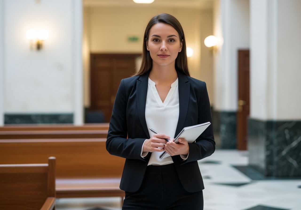 Mladá žena v soudní síni drží poznámkový blok, připravená svědčit před soudem.