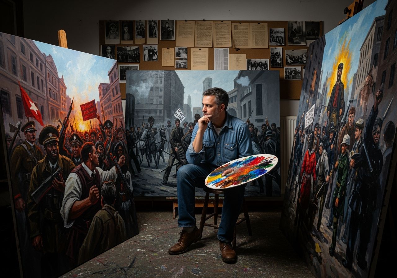 Umělec ve studiu zkoumá obraz zobrazující historické události obklopený dokumenty a fotografiemi.