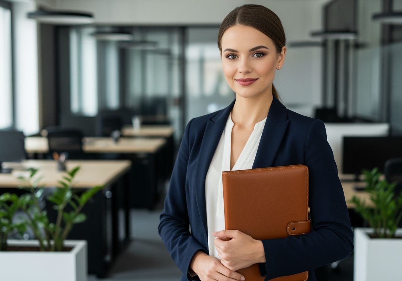 Mladá žena v kanceláři s portfoliem připravující se na pracovní pohovor