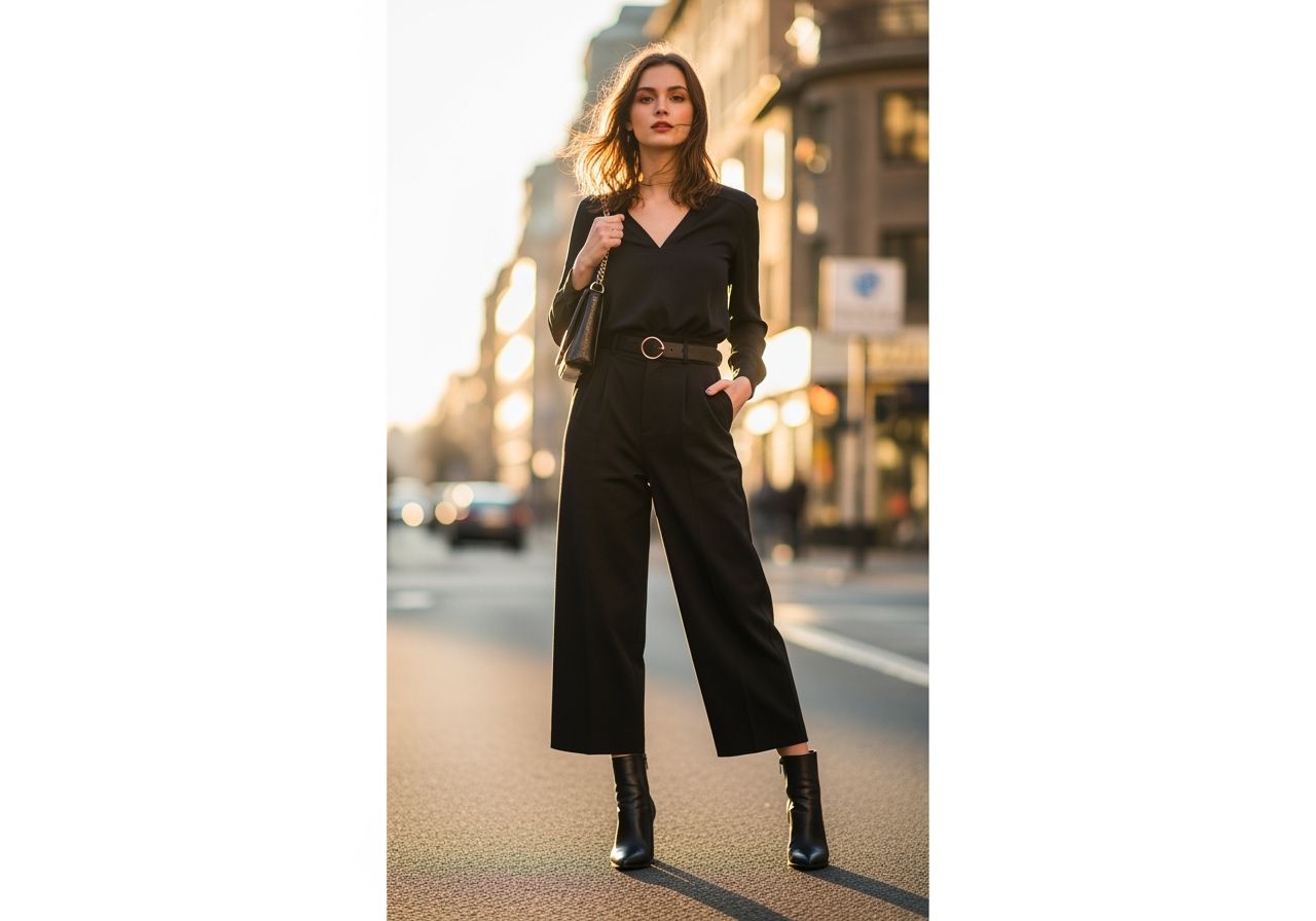 Mladá žena v městském oblečení stojí na ulici za zlaté hodiny s úzkými kalhotami a bílou halenkou