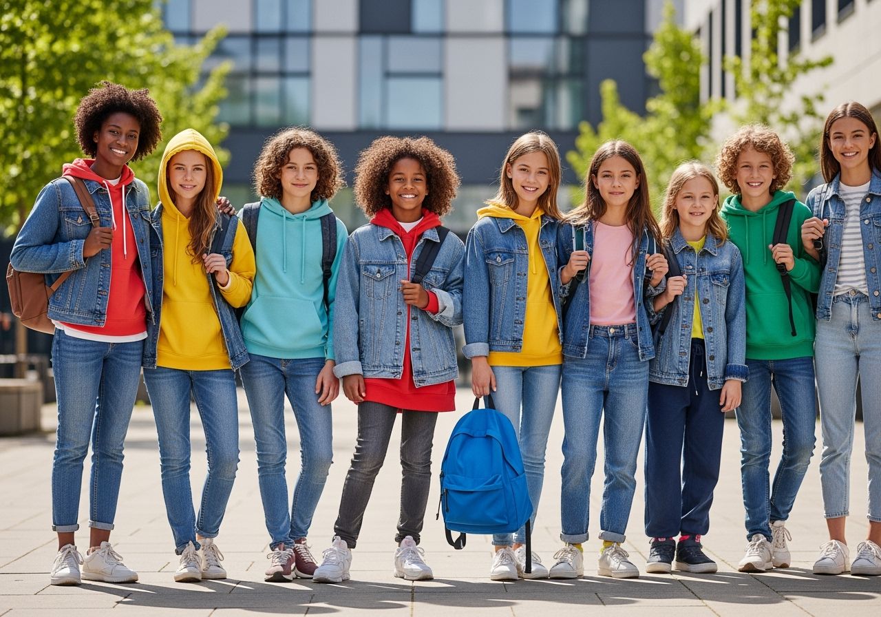 Skupina usmívajících se školáků venku před moderní školou v barevných oblečeních a batozích.